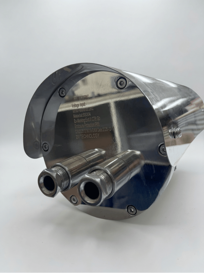 Back plate of a 2M Technology custom explosion-proof housing for Verkada CB62-E bullet camera