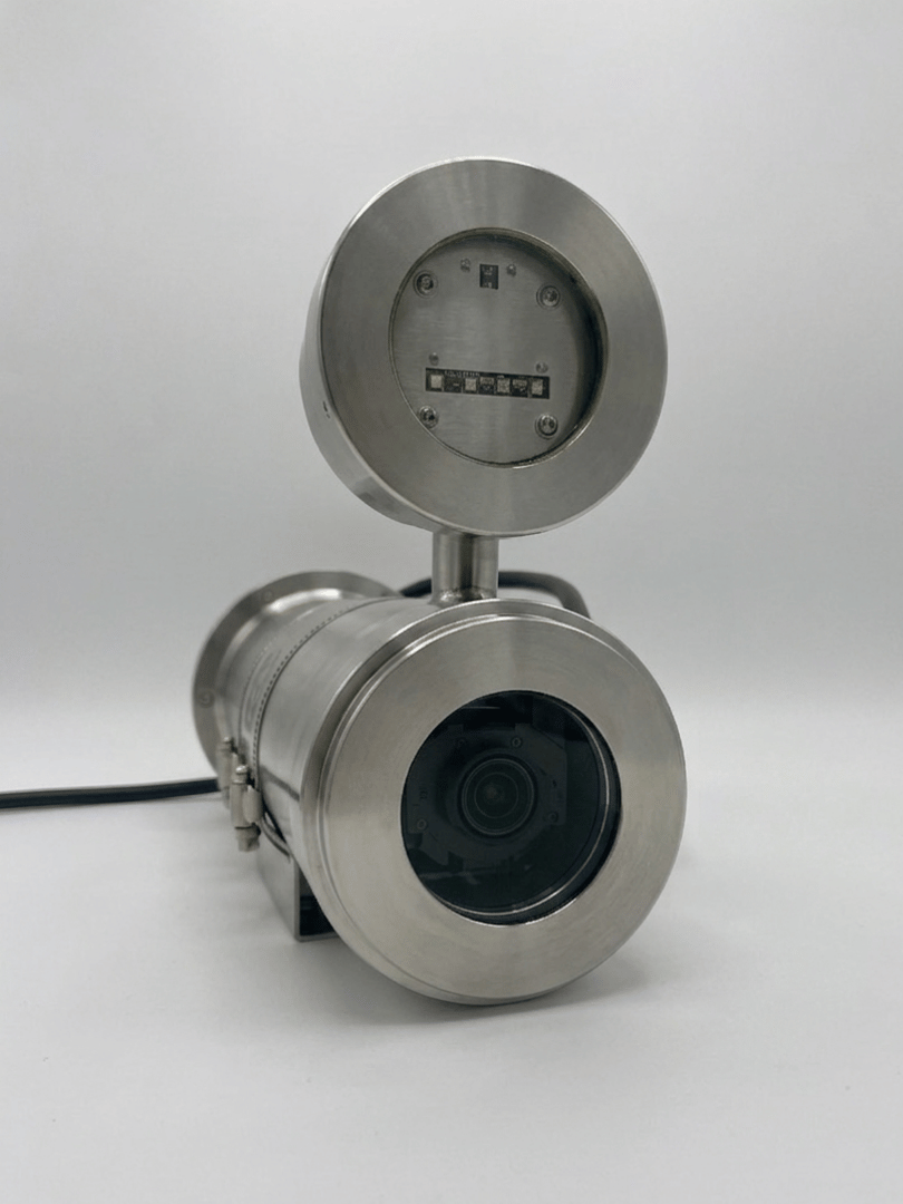 Front view of custom explosion-proof Verkada bullet camera housing model 2MEXH-2666 with integrated external IR illuminator pod