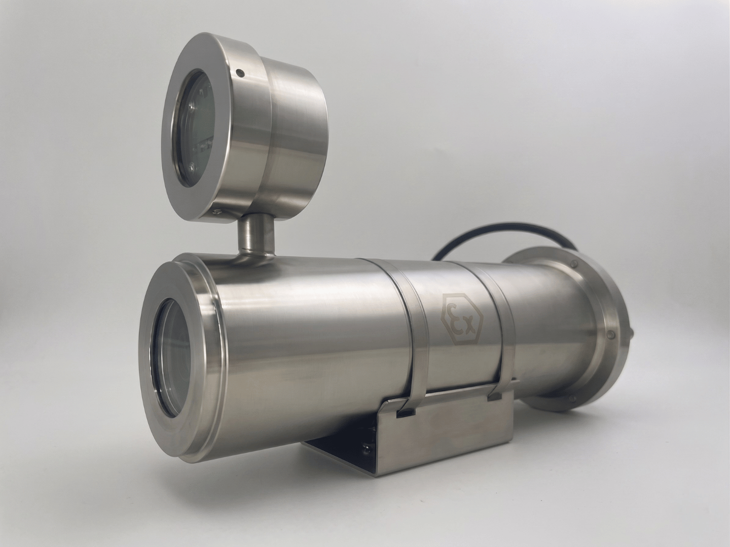 Side view of custom explosion-proof Verkada bullet camera housing 2MEXH-2666 with top-mounted IR illuminator pod and stainless steel mounting base